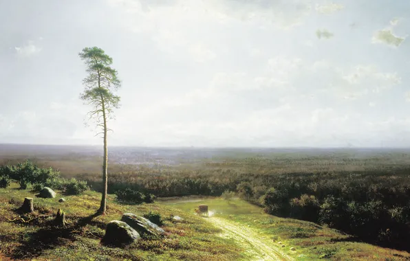 Road, landscape, tree, stone, picture, Mikhail Klodt, Lesnaya Dal at Noon