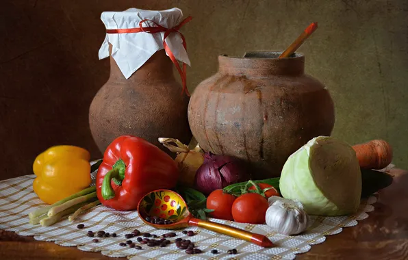 Table, bow, spoon, dishes, pepper, pitcher, still life, vegetables