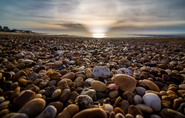 Sea, beach, the sky, clouds, landscape, nature, stones, dawn