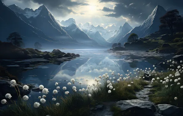 Landscape, flowers, mountains, nature, lake, landscape, nature, flowers
