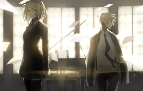 Girl, room, guy, piano, Vocaloid, Kagamine Rin, Kagamine Len