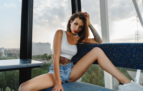 Girl, pose, feet, shorts, Mike, tattoo, window, Artem Soloviev