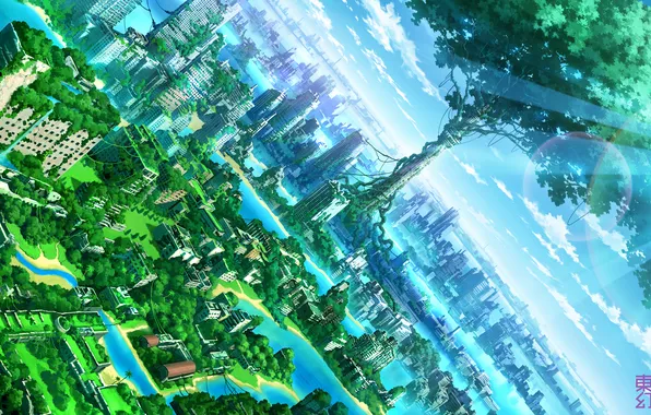 City, green, landscape, blue, anime, water, tree, building