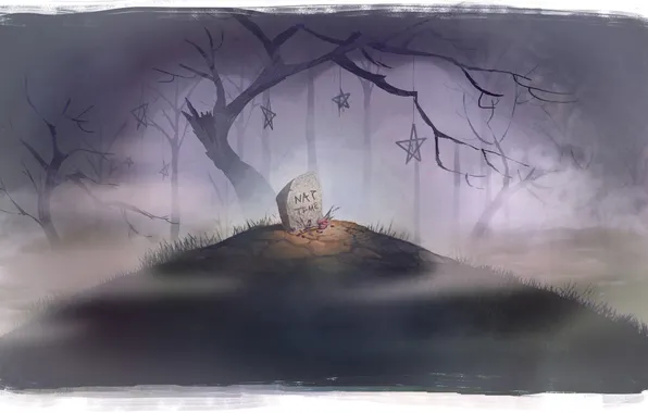 Trees, flowers, fog, hills, roses, art, headstone