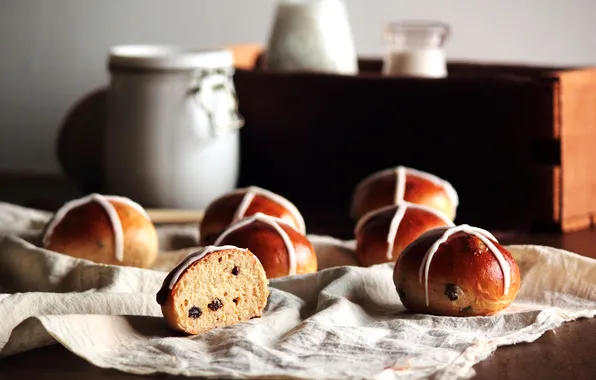 Food, muffin, dessert, cakes, glaze, buns, raisins