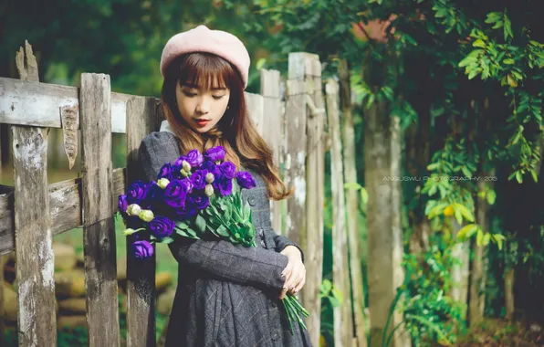 Picture girl, flowers, the fence