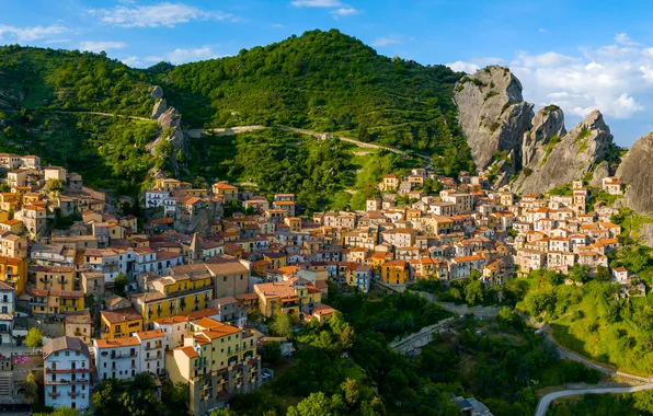 The sun, trees, mountains, rocks, home, panorama, Italy, Basilicata