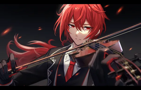 Picture violin, sparks, guy, Genshin Impact, Diluc