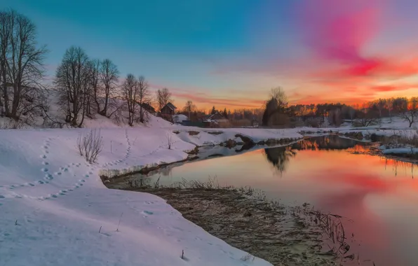 Snow, landscape, sunset, nature, spring, river, Evgeny Erokhin