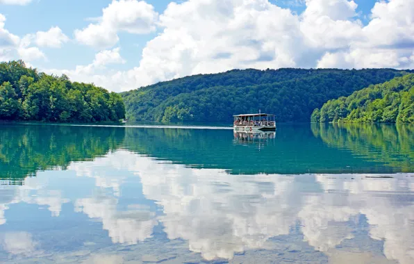 Forest, the sky, water, clouds, lake, reflection, Croatia, ship