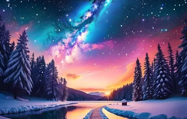 Winter, forest, the sky, stars, light, snow, mountains, night