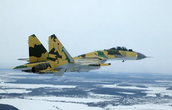 Picture winter, snow, flight, Fighter, beautiful, Su-35