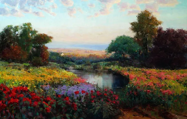 Picture the sky, trees, landscape, flowers, lake, oil, picture, meadow, art, Eric Wallis