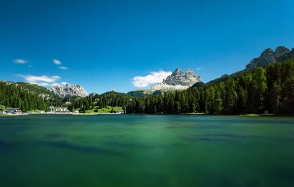 Forest, the sky, mountains, lake, Italy, Venice, Italy, The Dolomites