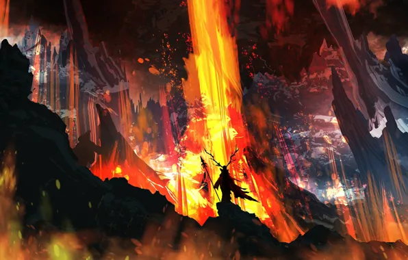 Light, mountains, ash, stones, fire, smoke, people, heat