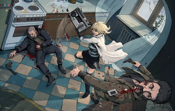 Girl, Charlize Theron, battle, fight, blonde, art, tape, Lorraine Broughton