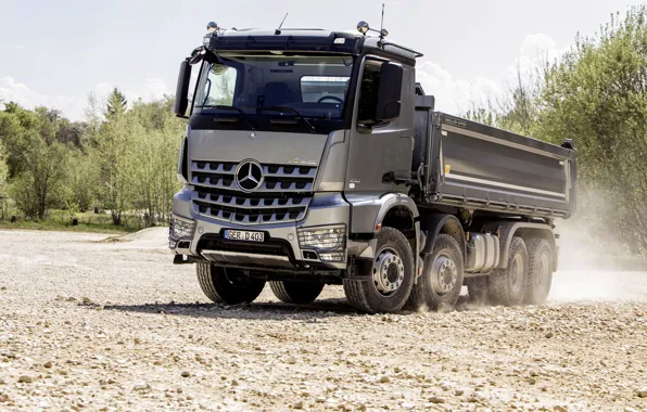 Picture grey, Mercedes-Benz, dust, gravel, the ground, dump truck, Arocs, four-axle
