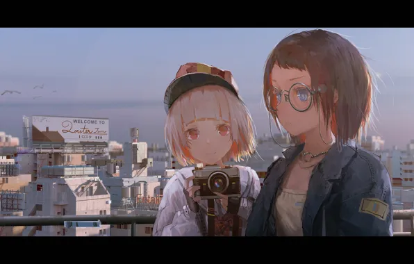 Picture the city, smile, girls, home, anime, art, glasses, cameras