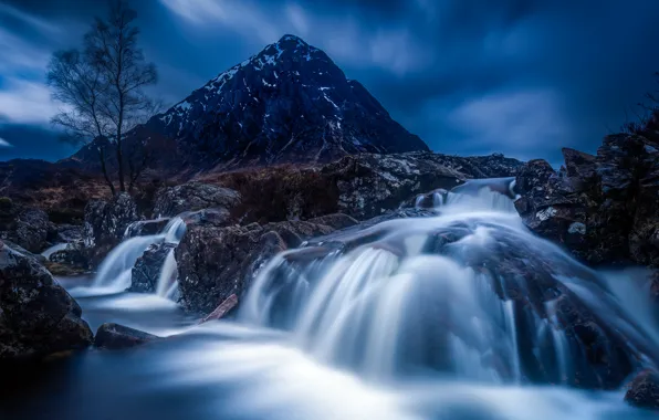 Picture trees, landscape, mountains, night, stones, waterfall, the evening, Wallpaper from lolita777