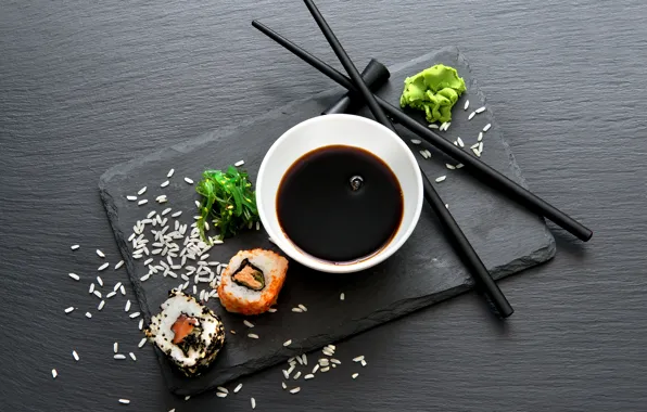 Algae, sticks, rolls, soy sauce