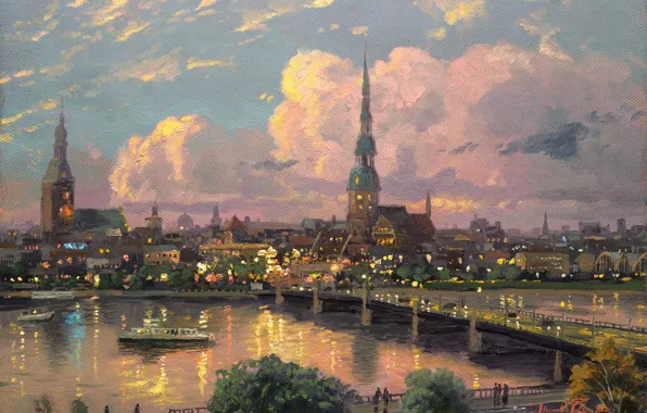 Picture sunset, bridge, the city, river, area, Europe, old, painting