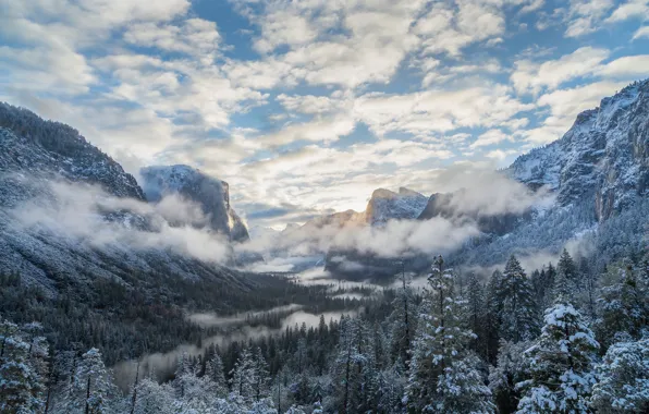 Winter, forest, clouds, mountains, valley, CA, Yosemite, California