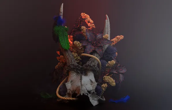 Skull, art, horns, Reborn, composition, Rafael Merino