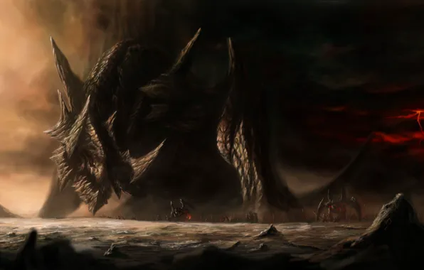 The storm, water, rocks, lightning, monster, army, art, giant