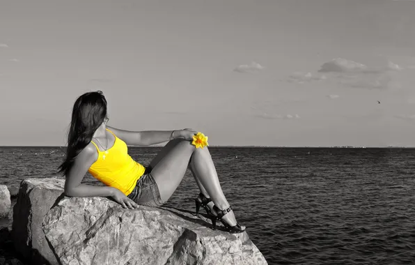 STONES, SEA, HORIZON, YELLOW, FLOWER, BROWN hair, MIKE, SHORTS