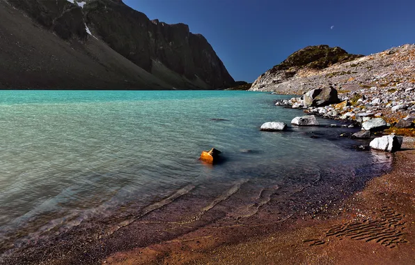 Sand, sea, water, landscape, mountains, nature, lake, stones