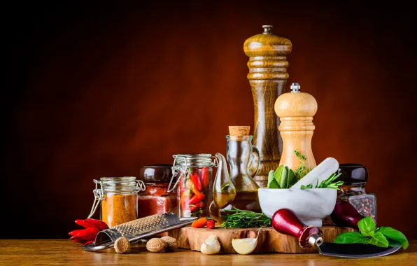 Picture greens, jars, pepper, nuts, spices