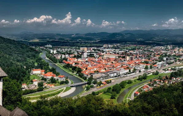 Mountains, river, building, panorama, Slovenia, Slovenia, Celje, Celje