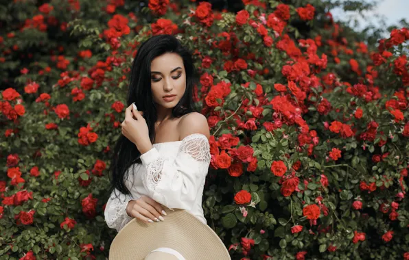Picture summer, girl, flowers, red, pose, eyelashes, Park, roses
