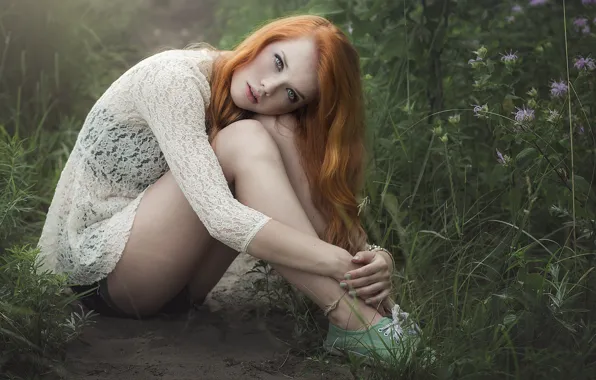 Picture grass, Girl, legs, beautiful, redhead