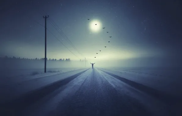 Fantasy, Going to heaven, people.birds, winter road
