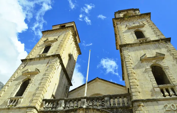 The sky, mountains, the city, house, Church, architecture, church, montenegro