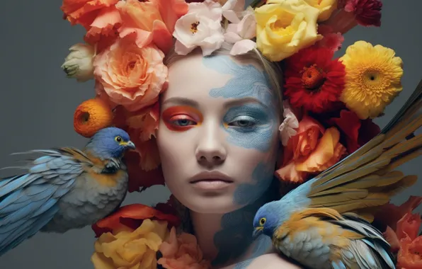 Girl, flowers, birds, face, portrait, feathers, yellow, makeup