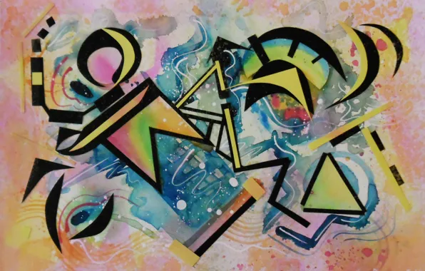 Picture blue, yellow, pink, black, triangles, oil, Figure, markers