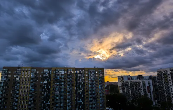 Picture summer, the sky, the sun, clouds, the city, overcast, building, home