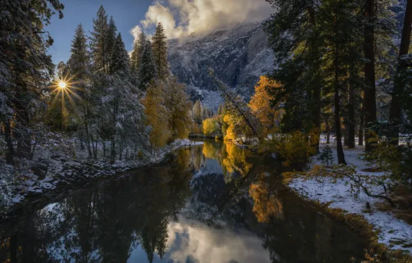 Autumn, forest, snow, trees, mountains, reflection, river, CA