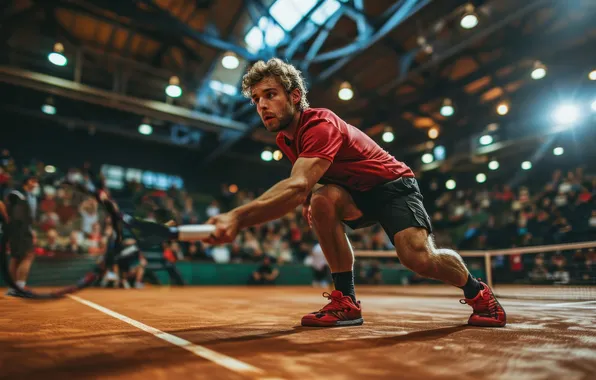 The ball, Sport, Court, Male, Blow, Tennis, The audience, Racket