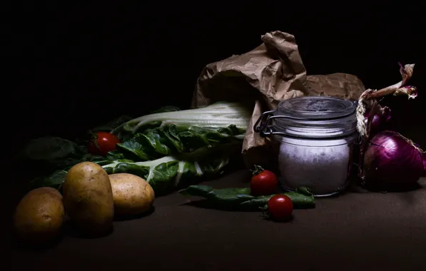 Greens, leaves, paper, the dark background, package, bow, Bank, still life
