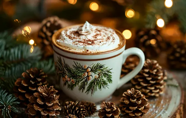 Coffee, New year, Tree, Bumps, Cappuccino, Bokeh, Latte, Christmas tree branches