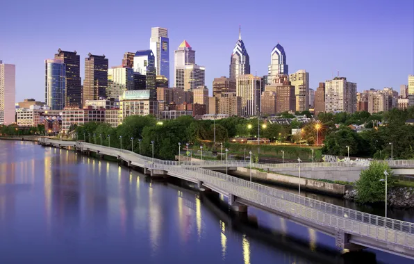 Picture bridge, home, skyscrapers, morning, USA, Philadelphia