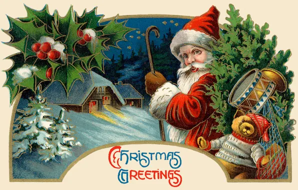Winter, toys, tree, Santa Claus, Santa Claus, drum, postcard, Teddy bear