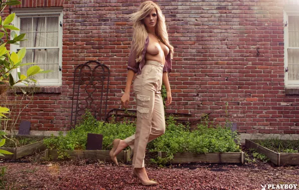 Chest, look, leaves, girl, wall, model, hair, brick