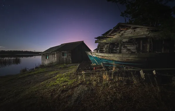 The sky, lake, boat, stars, the evening, shed