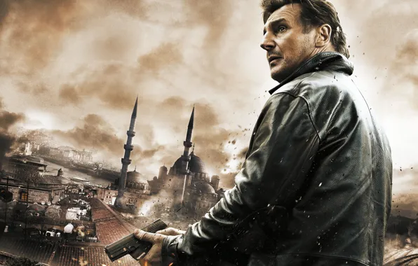 Picture the city, gun, roof, Liam Neeson, Liam Neeson, Taken 2, Hostage 2