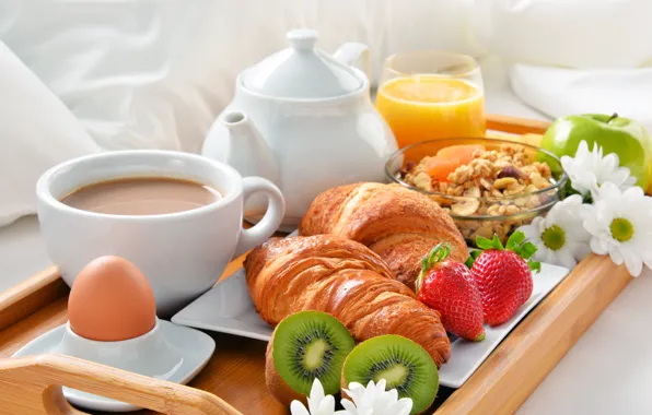 Coffee, eggs, Breakfast, strawberry, fruit, croissant