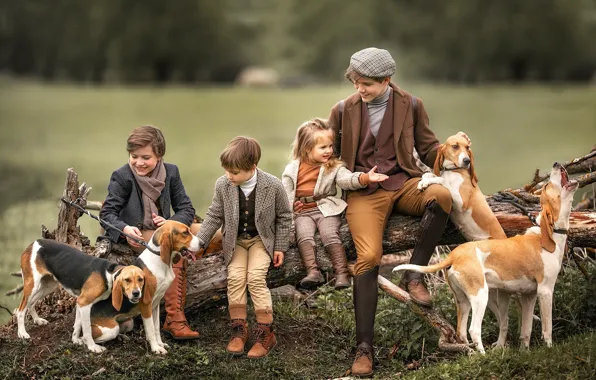 Dogs, children, girl, log, boys, Anastasia Barmina